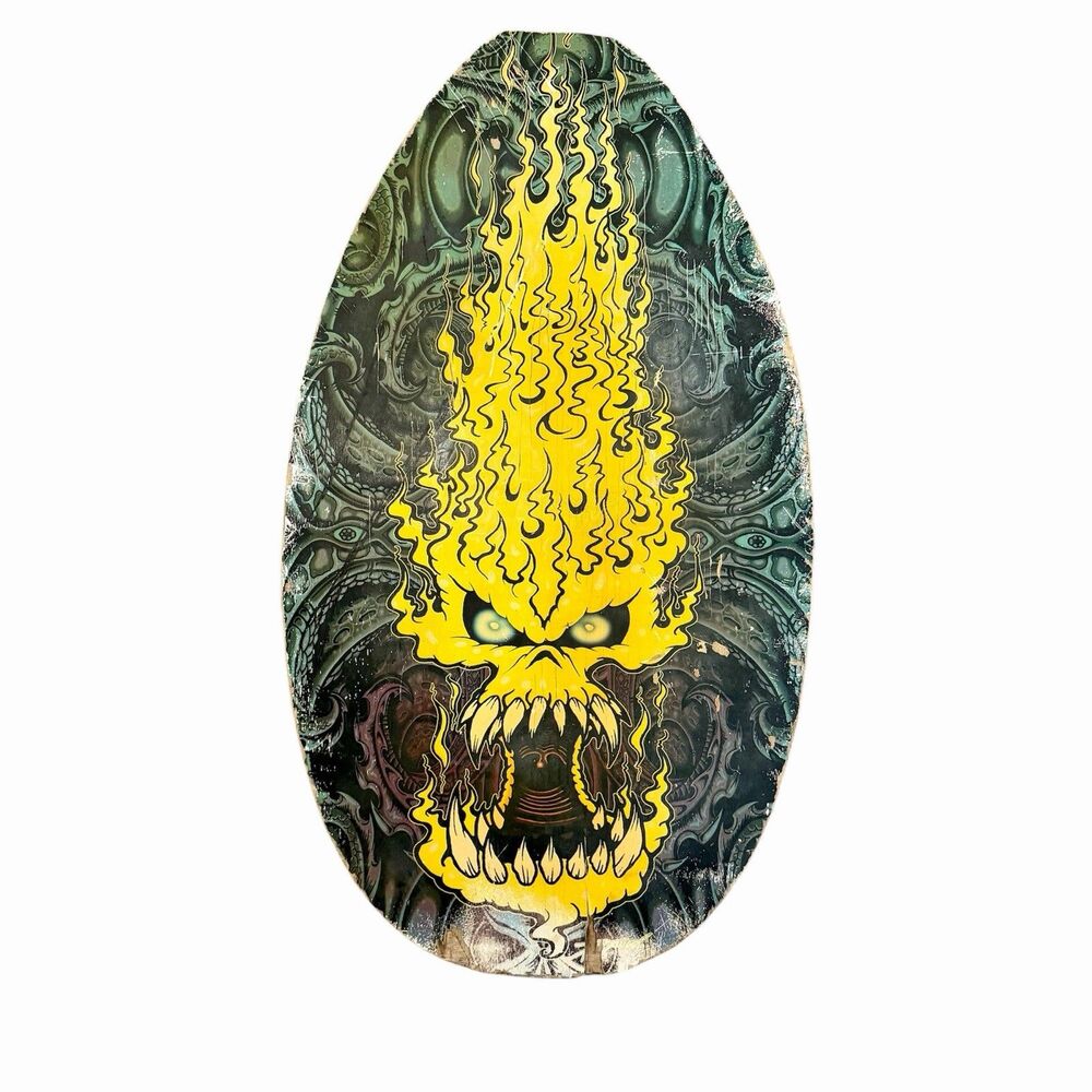 Shark Skimz Skimz Skimboard Yellow Flaming Skull Graphic Black Bottom